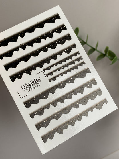 Nagel Wasserabziehbild CF-739 | Wasserfolien Nagelabziehbilder | Schwarze Verlauf Wellenstreifen mit Gold