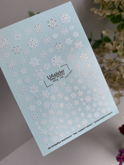 Adesivo per unghie NCg-146 | Adesivi per unghie a scivolamento ad acqua | Unghie d'arte invernale con fiocchi di neve bianchi