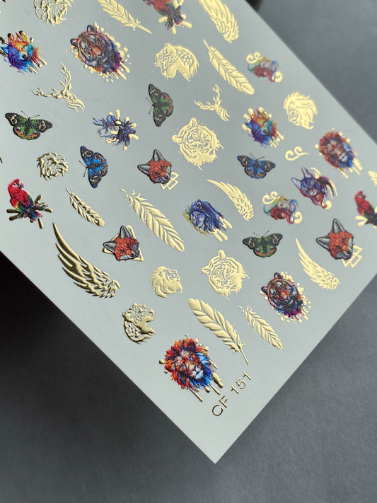 Nail Water Decal CF-151 | Nail Stickers | Wild Animals, Wings, Feathers & Butterflies in Gold and Multicolor