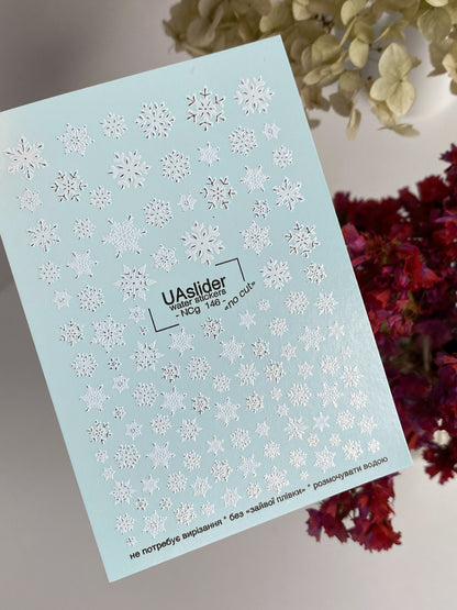 Adesivo per unghie NCg-146 | Adesivi per unghie a scivolamento ad acqua | Unghie d'arte invernale con fiocchi di neve bianchi