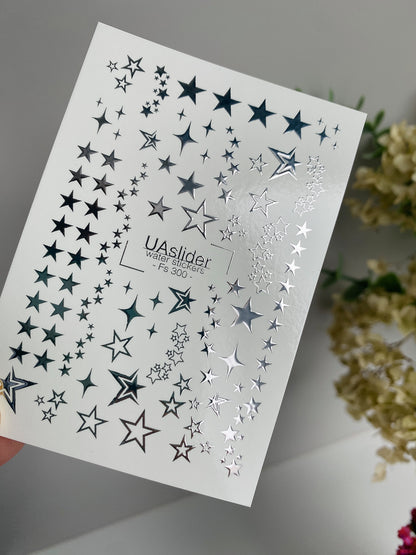 Décalcomanie d'ongles Fs-300 | Décalcomanies à glisser sur l'eau pour ongles | Constellations d'étoiles argentées et design galaxie