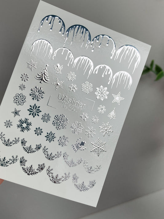 Nagel Wasserabziehbild Fs-298 | Wasserfolien Nagelabziehbilder | Silberne Schneeflocken und Eiszapfen Winterdesign