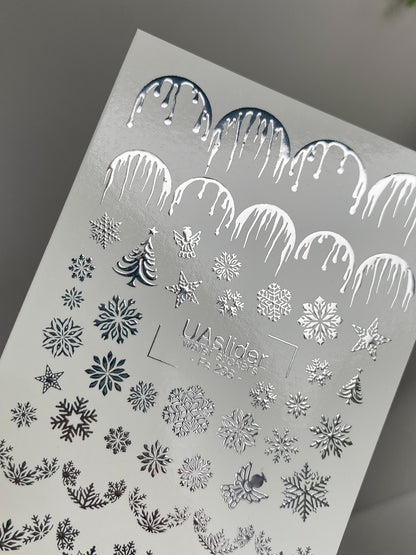 Nagel Wasserabziehbild Fs-298 | Wasserfolien Nagelabziehbilder | Silberne Schneeflocken und Eiszapfen Winterdesign