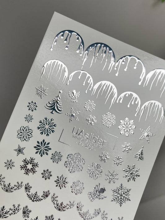 Nagel Wasserabziehbild Fs-298 | Wasserfolien Nagelabziehbilder | Silberne Schneeflocken und Eiszapfen Winterdesign