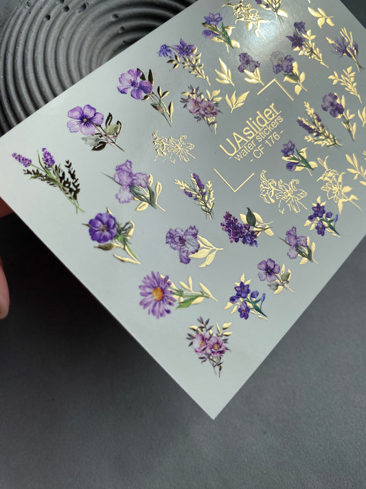 Nail Water Decal CF-176 | Nail Stickers | Purple Flower Water Decals with Golden Botanical Details