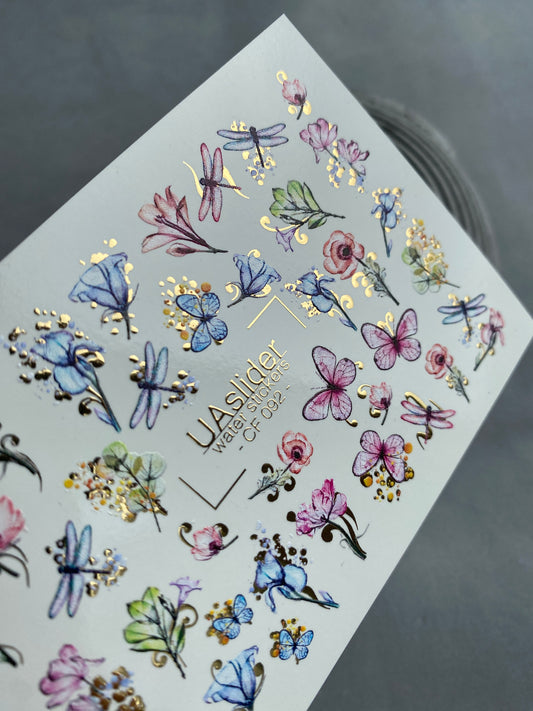 Nail Water Decal CF-092 | Watercolor Flowers & Dragonflies Nail Art Stickers | Floral Water Slide Decals