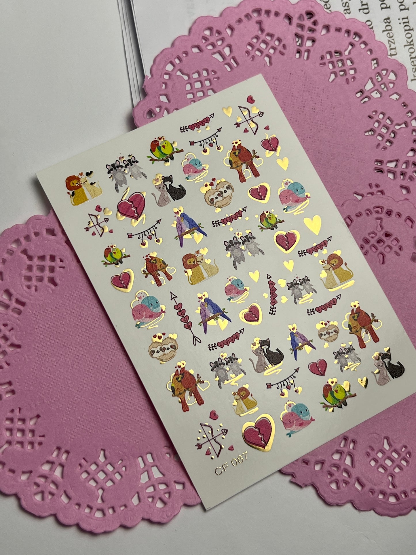 Nail Water Decal CF-087 | Cute Animal Couples Water Slide Nail Decals | Love Birds, Cats, Sloths & Lions