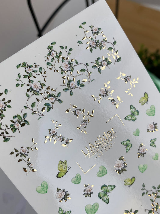 Nagel-Wasserabziehbild CF-552 | Grüne Blumen- & Schmetterlings-Nagelabziehbilder | Elegante Wasseraufkleber für Maniküre