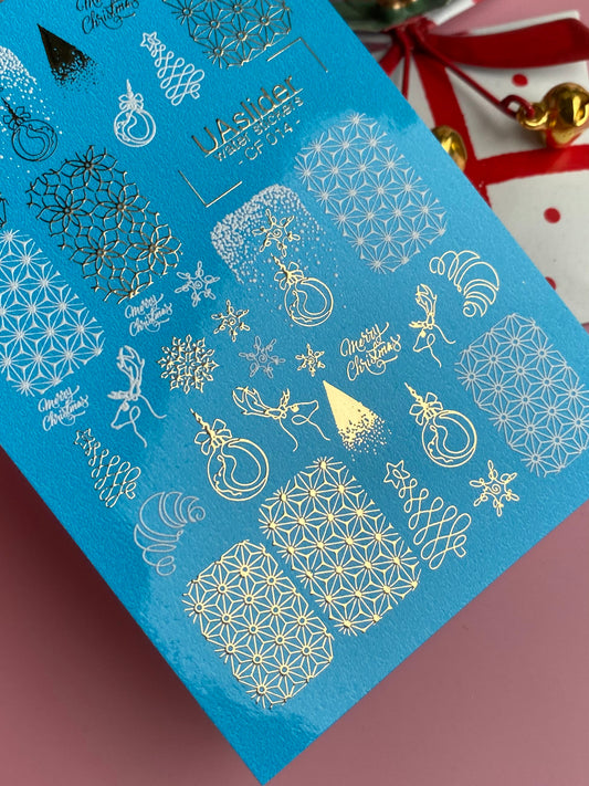 Nail Water Decal CF-014 | Christmas Water Slide Nail Decals, Gold Foil Snowflakes and Geometric Patterns