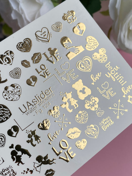 Nagel Water Decal Fg-124 | Water Slide Nagel Decals met Gouden Hartjes & Liefdescitaten | Romantische Valentijn