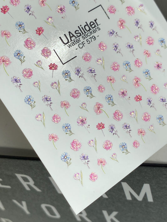 Nagel Wasserabziehbild CF-579 | Wasserabziehbare Nagelaufkleber mit bunten Blumen | Rosa, Lila und Blaue Blumen Nagelkunst