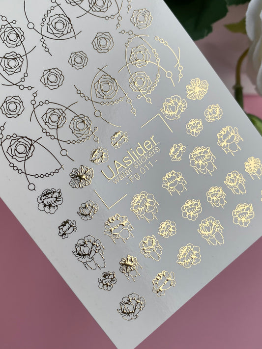 Nagel-Wasserabziehbild Fg-011 | Florale Wasser-Schiebefolien-Nagelabziehbilder mit Goldfolie | Rosen & Pfingstrosen