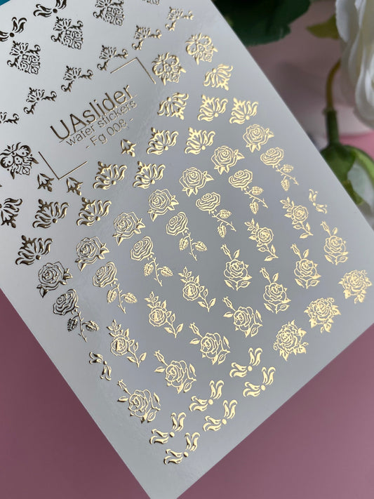 Adesivo de Água para Unhas Fg-008 | Adesivos de Deslizamento de Água Floral para Unhas com Rosas em Folha de Ouro | Arte de Unhas Romântica