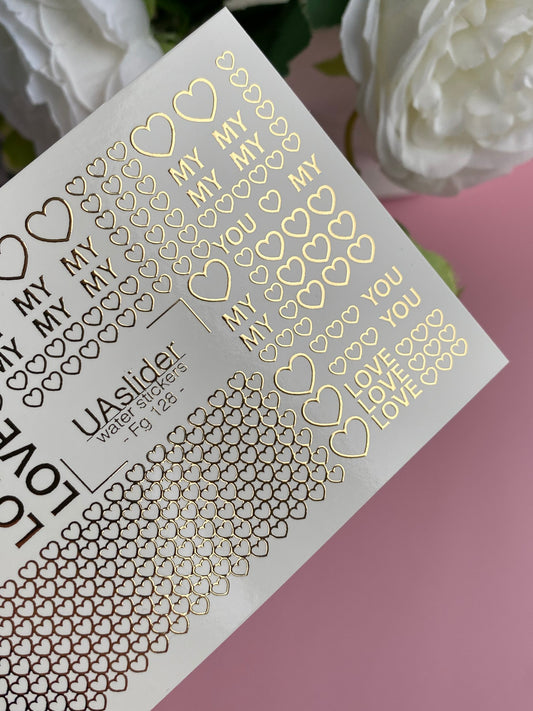 Nagel Water Decal Fg-128 | Water Slide Nagel Decals met Gouden Hartjes & Liefdeswoorden | Romantische Valentijn