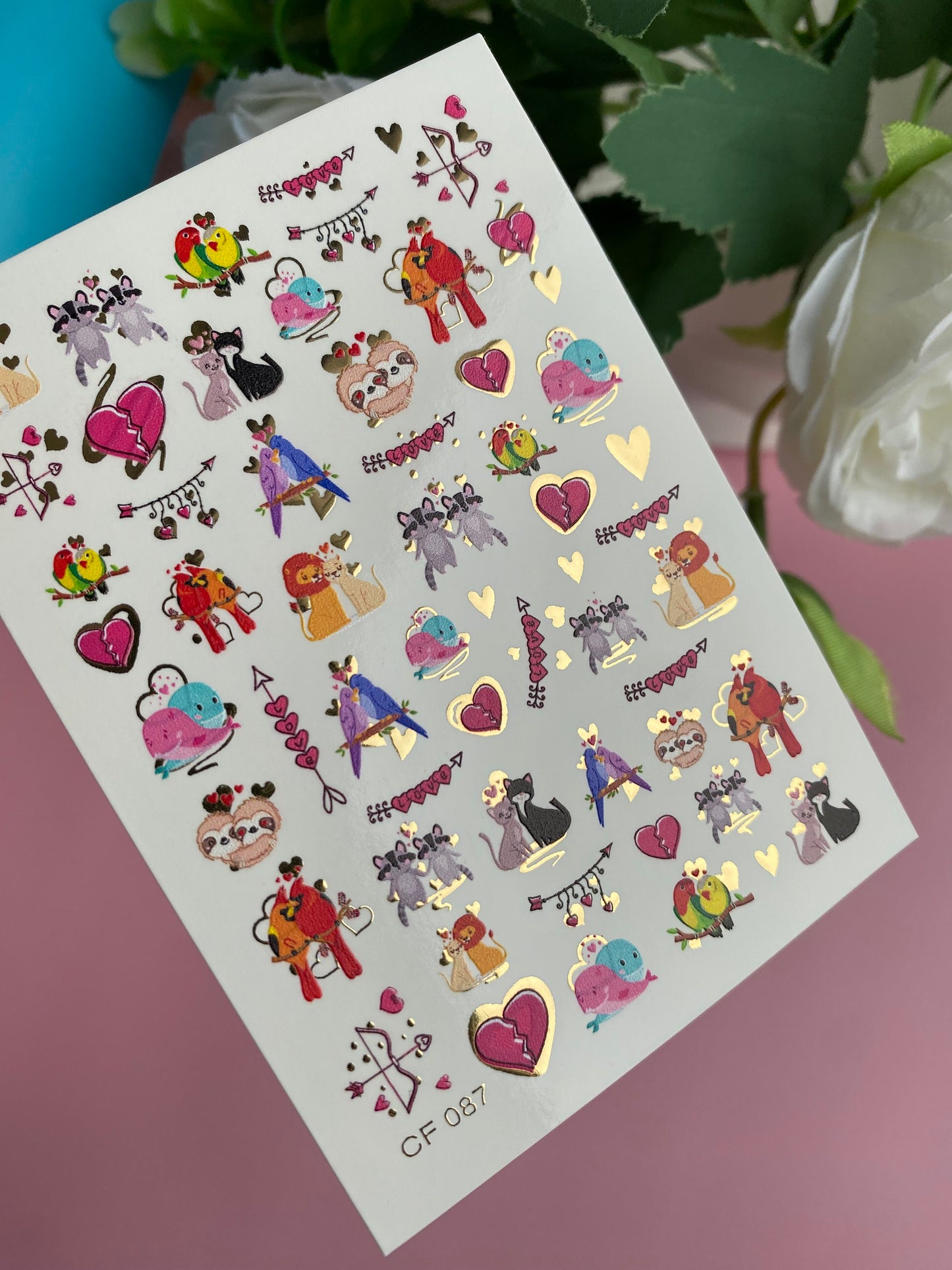 Nail Water Decal CF-087 | Cute Animal Couples Water Slide Nail Decals | Love Birds, Cats, Sloths & Lions