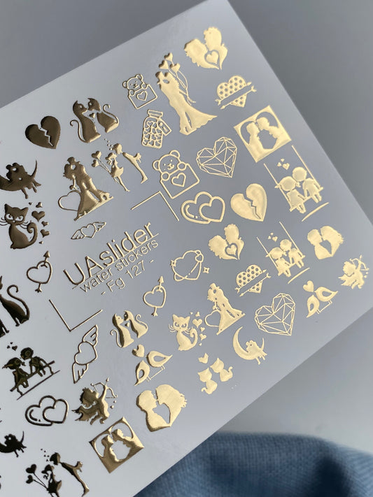 Nagel Water Decal Fg-127 | Water Slide Nagel Decals met Gouden Stellen & Harten | Romantische Liefde