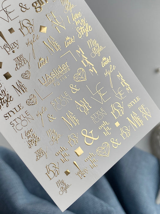 Nagel Wasserabziehbild Fg-114 | Wasserabziehbare Nagelaufkleber mit goldenen Zitaten & Stilwörtern | Modische Typografie
