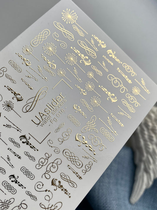 Adesivo para Unhas Fg-016 | Adesivos Elegantes para Unhas com Transferência de Água e Folha de Ouro | Arabescos e Ornamentos de Caligrafia