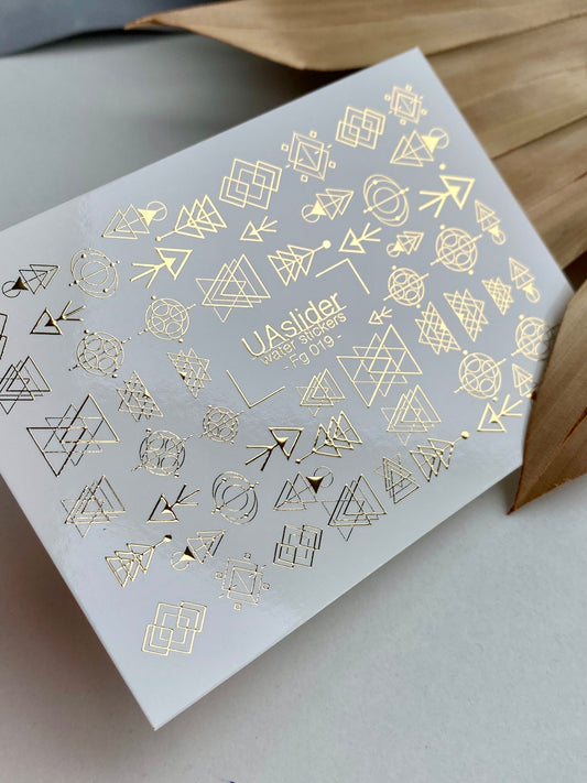Nagel-Wasserabziehbild Fg-019 | Geometrische Wasserfolien-Nagelabziehbilder mit Goldfolie | Abstrakte Formen & Symbole