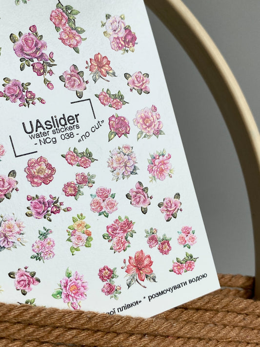 Adesivo de Água para Unhas NCg-038 | Adesivos de Água Florais para Unhas | Rosas Cor-de-Rosa e Peônias