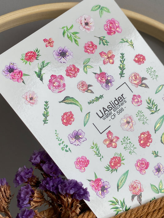 Nagel Wasserabziehbild CF-588 | Wasserabziehbilder für Nägel mit bunten Wildblumen und Blättern | Romantische florale Nagelsticker