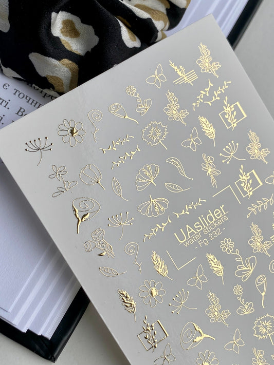 Nagel Wasserabziehbild Fg-232 | Wasserfolien Nagelabziehbilder | Goldfolie Blumen & Schmetterlinge