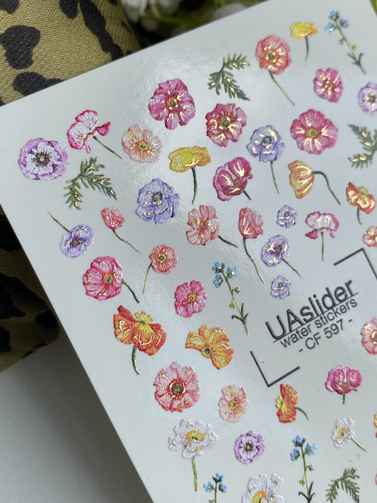 Nagel Wasserabziehbild CF-597 | Bunte Wildblumen Wasserfolien Nagelabziehbilder | Frühlingsblumen Nagelsticker