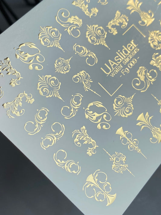 Nagel Water Decal Fg-009 | Barok Water Slide Nagel Decals met Goudfolie | Ornamentale Luxe Ontwerpen