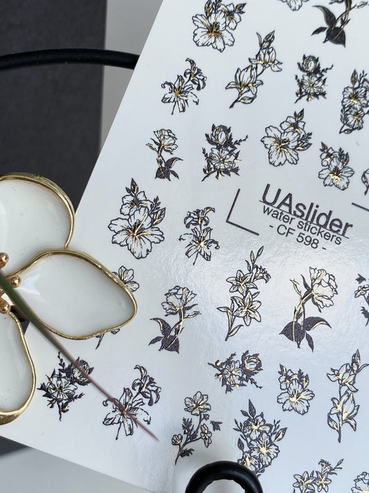 Nagel Wasserabziehbild CF-598 | Schwarze & Goldene Blumenumriss Wasserfolien Nagelabziehbilder | Elegante Linienkunst Nagelsticker