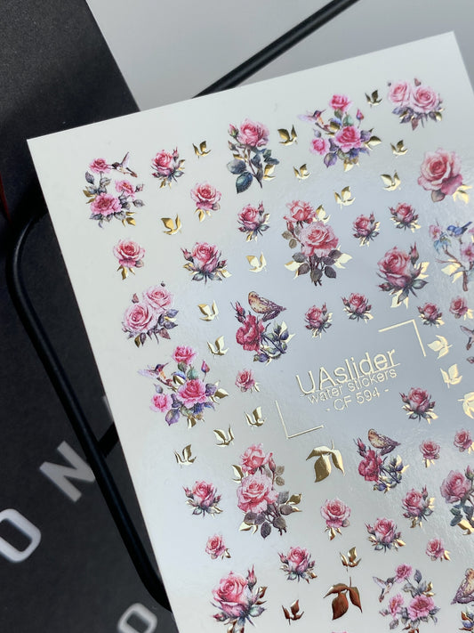 Nagel Wasserabziehbild CF-594 | Romantische Rosa Rosen Nagel Wasserabziehbilder | Elegante Florale Aufkleber mit Gold und Vögeln