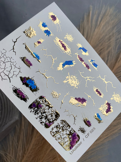 Nail Water Decal CF-023 | Abstract Nail Water Decals with Gold Foil | Cracked Effect