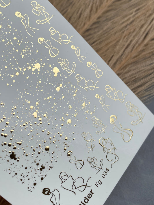 Nagel Wasserabziehbild Fg-034 | Abstrakte Frauensilhouette Nagel Wasserabziehbilder mit Goldspritzern | Moderne künstlerische Nagelkunst