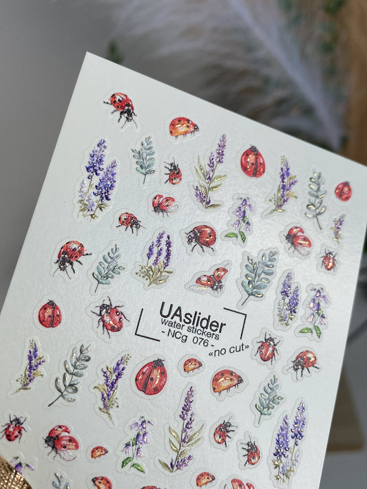Nagel Wasserabziehbild NCg-076 | Wasserfolien Nagelaufkleber Marienkäfer und Lavendel | Von der Natur inspirierte Nagelkunst