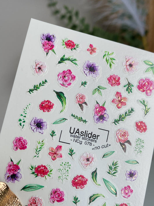 Nagel Wasserabziehbild NCg-078 | Wasserfolien Nagelaufkleber Rosa und Lila Blumen | Romantische Florale Nagelkunst