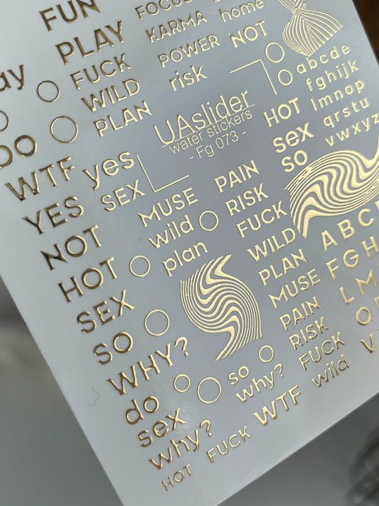 Nagel Wasserabziehbild Fg-073 | Goldfolie Wasserabzieh-Nagelaufkleber | Fettgedruckte Wörter & Schriftzüge