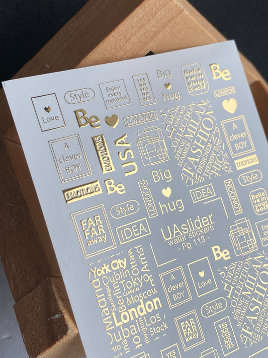 Nagel Wasserabziehbild Fg-113 | Wasserabziehbare Nagelaufkleber mit goldenen Zitaten & Modewörtern | Moderne Typografie