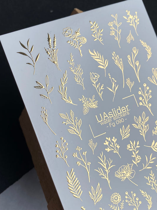Nagel Wasserabziehbild Fg-090 | Goldfolie Wasser-Schiebefolie Nagelabziehbilder | Wildblumen & Botanische Zweige