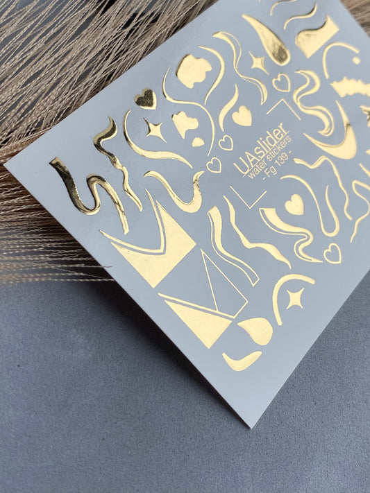 Nagel Water Decal Fg-139 | Water Slide Nagel Decals met Gouden Abstracte Golven en Vormen | Artistieke Nagel Tattoos
