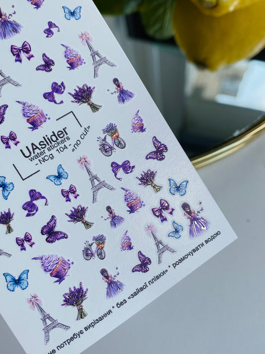 Adesivo per unghie ad acqua NCg-104 | Adesivi per unghie a scivolamento ad acqua Lavanda Parigi | Adesivi per unghie ad acqua Torre Eiffel e Farfalle