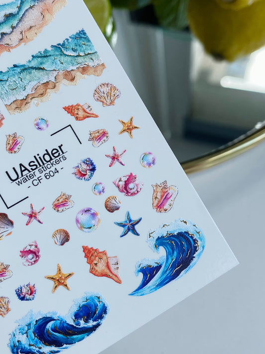 Nagel Wasserabziehbild CF-604 | Wasserabziehbilder für Nägel | Meereswellen & Muscheln – Ozean Strand Design