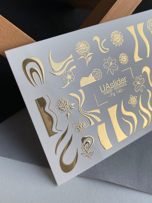 Nagel Wasserabziehbild Fg-140 | Wasserfolien Nagelabziehbilder mit goldenen Wellen und Blumen | Elegante Nageltattoos