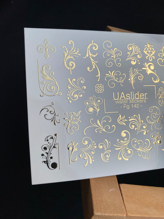Nagel Wasserabziehbild Fg-142 | Wasserabzieh-Nagelaufkleber mit goldenen Wirbeln und Ornamenten | Elegante Nagelkunst
