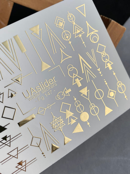 Nagel Wasserabziehbild Fg-147 | Wasserabzieh-Nagelaufkleber mit goldenen geometrischen Formen | Minimalistische abstrakte Nagelkunst