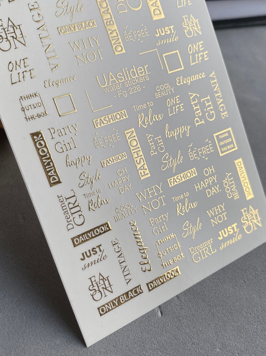 Nagel Wasserabziehbild Fg-226 | Wasserfolien Nagelabziehbilder | Goldfolie Modezitate & Wörter