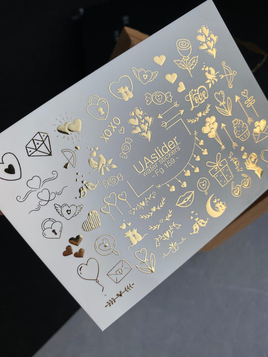 Nagel Water Decal Fg-159 | Gouden Folie Water Slide Nagel Decals | Romantische Liefde & Schattige Accenten