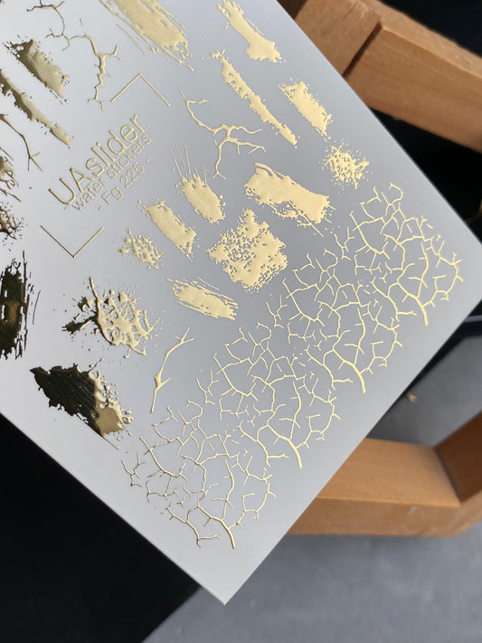 Nagel Water Decal Fg-225 | Water Slide Nagel Decals | Gouden Folie Borstelstreken & Craquele Effect