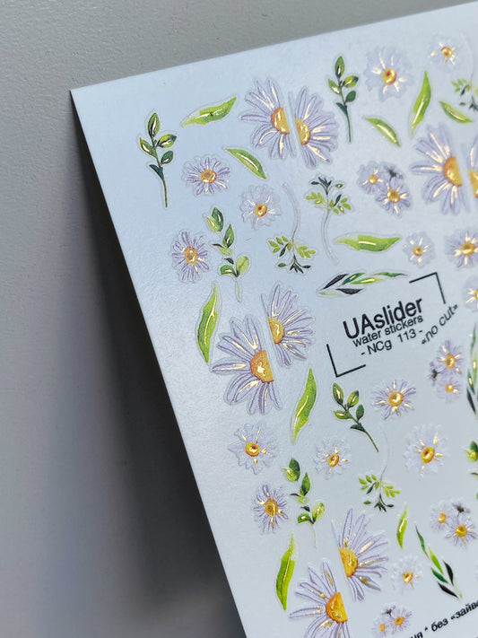 Nagel-Wasserabziehbild NCg-113 | Wasserfolien-Nagelabziehbilder mit Gänseblümchen | Weißes Blumenmuster