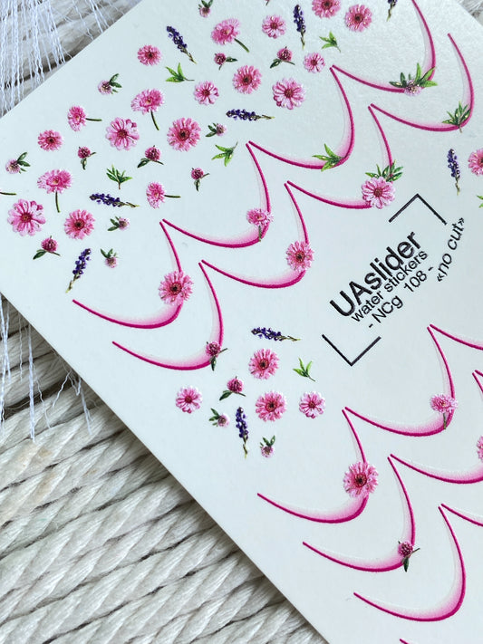 Nagel-Wasserabziehbild NCg-108 | Wasserfolien-Nagelabziehbilder Rosa Blumen | Nagel-Wasserabziehbilder Französische Spitzen mit Lavendel