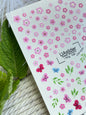 Adesivo de Água para Unhas NCg-106 | Adesivos Deslizantes para Unhas Flores Cor-de-Rosa | Adesivos de Água para Unhas Borboletas e Folhas Verdes