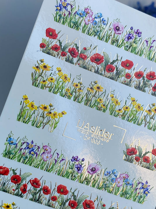 Nagel Wasserabziehbild CF-603 | Wasserabziehbilder für Nägel | Blumige Wiesenstreifen – Mohnblumen, Gänseblümchen & Wildblumen